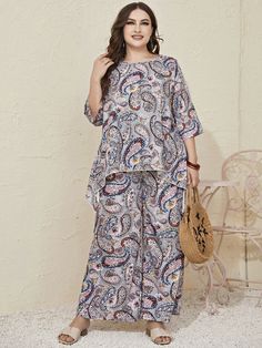 Multicolor Boho Collar Three Quarter Length Sleeve  Floral,Paisley  Embellished Slight Stretch Spring/Fall Plus Size Co-Ords Plus Size Corset Outfits, Plus Size Fashion For Women Indian, Simple Dress Casual, Sets Outfit, Modest Casual Outfits, Simple Kurti Designs, Fashion Sketches Dresses, Fancy Dresses Long