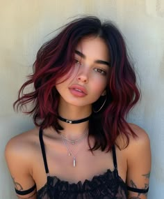 Dark Chocolate Hair with Red Balayage Balayage Red Hair Dark, Dark Red To Blonde Ombre Hair, Cool Red Hair Tones, Dark Root Hair Colours, Red Balayage On Black Hair, Black And Red Short Hair, Black And Red Balayage, Red Gradient Hair, Dyed Hair With Bangs