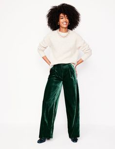 Chiswick Velvet Pants  - Glade | Boden US 2024 Wardrobe, Velvet Trousers, Velvet Collection, Party Kleidung, Long Walks, Velvet Pants, Satin Maxi Dress, Midi Shirt Dress, Newborn Dresses