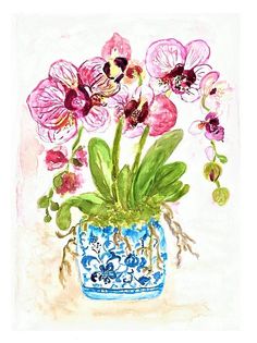 a painting of pink flowers in a blue vase