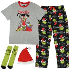 Celebrate the holiday season in style with this cozy Dr. Seuss 4-piece lounge gift set, perfect for fans of the Grinch! The set includes a soft t-shirt featuring a playful "Feelin' Grinchy" graphic and plush black fleece pants that showcase a fun "Mister Grinch" design. Complete the festive look with a classic Santa hat and a pair of warm, soft fleece Grinch socks, ideal for staying comfy during winter nights. Whether you're matching with friends and loved ones or treating yourself, this gift se Christmas Pjs Family Grinch, Grinch Pajamas Onesie, Grinch Pj Pants, Grinch Socks, The Grinch Merchandise, Grinch Mens Pajama Pants, Grinch Design, Grinch Pajamas, Dr Seuss The Grinch