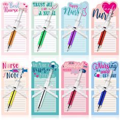 six notepads with different types of pens on them