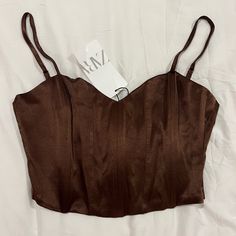 Zara Corset Bustier In Brown Satin Silk Size Medium Side Zip And Adjustable Straps Elegant Crop Top Camisole For Party, Chic Fitted Brown Camisole, Elegant Brown Camisole, Elegant Brown Corset, Elegant Summer Crop Top Corset, Zara Brown Party Tops, Brown Zara Top For Party, Elegant Zara Corset For Summer, Elegant Brown Summer Camisole