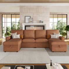 a living room with a couch, ottoman and coffee table in it's center