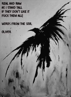 a black and white poster with an image of a bird on it's back