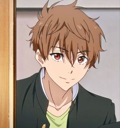 an anime character with brown hair and red eyes wearing a black jacket, green shirt and gold buttons