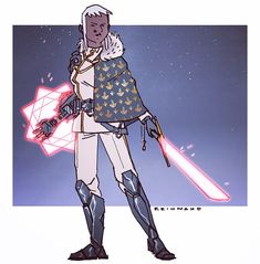 a drawing of a person with a light saber in his hand and an object behind him