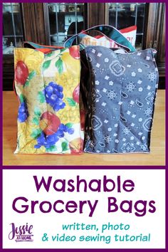 two bags with the words washable grocery bags written in purple and blue on them