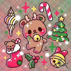 some christmas stickers are on a plaid background and there is a teddy bear in the stocking