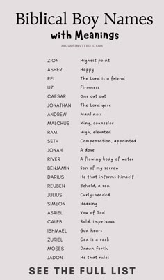 the biblical boy names with meaningss in black and white, on a gray background