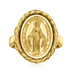 Ross-Simons - Italian 18kt Gold Over Sterling Miraculous Medal Frame Ring Size 5. From Italy, this meaningful ring showcases an artfully detailed Miraculous Medal nestled inside an elegant roped frame. Crafted in 18kt yellow gold over sterling silver. Would make a thoughtful gift for a person of faith or a religious milestone. 3/4" wide. 18kt gold over sterling Miraculous Medal frame ring. Elegant Gold Signet Ring For Commemoration, Elegant Gold Engraved Ring For Commemoration, Elegant Yellow Gold Rings For Commemoration, Elegant Gold Ring For Commemoration, Meaningful Rings, Frame Ring, Miraculous Medal, Ring Pictures, Size 10 Rings