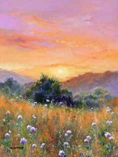 an oil painting of a sunset over a field with wildflowers in the foreground