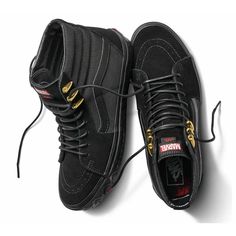 Vans And Marvel Join Forces To Celebrate The Iconic "Off The Wall" Superheroes Of The Marvel Universe With An Epic Collaboration Across A Range Of Footwear, Apparel, And Accessories. Featuring Black Panther Details, The Vans X Marvel Black Panther Sk8-Hi Combines The Legendary Lace-Up High Top With Sturdy Suede And Textile Uppers, Re-Enforced Toecaps To Withstand Repeated Wear, Padded Collars For Support And Flexibility, Signature Rubber Waffle Outsoles, And Custom Collaboration Labeling. Mpn Vn Vans Leather Sneakers With Studded Outsoles, Vans Leather Sneakers With Red Sole, Black Suede Sneakers With Red Sole, Skechers Black Shoes, Vans Marvel, Marvel Shoes, Tenis Vans, Marvel Black Panther, Sneakers Vans