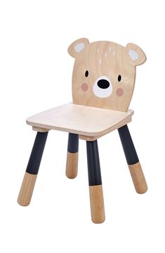 a wooden chair with black legs and a bear face on it