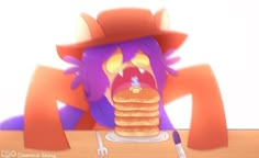 a cartoon character holding a stack of pancakes in front of her face and wearing a hat