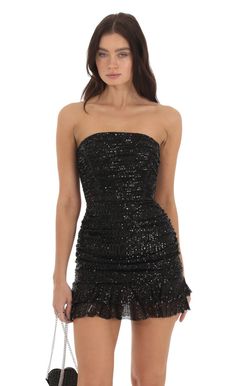 Sequin Ruched Bodycon Dress in Black | LUCY IN THE SKY Black Dance Dresses, Dresses Tight Short, Homecoming Dresses Short Black, Black Hoco Dresses, Beaded Dress Short, Flowy Dress Short, Short Dresses Tight, Cute Formal Dresses, Sparkle Mini Dress