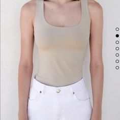 Zara Makes These Closet Staples That Make Me Wonder How I Ever Did Without Them Before?!?! This Shell Top In Tan Is One For Sure- Super Stretchy & Figure Flattering- Soft & Double Layered Fabric Is Comfortable & Goes Well With W Job B Fitted Neutral Tank Top For Summer, Basic Beige Tank Top, Zara Stretch Solid Color Tank Top, Stretch Zara Tank Top, Mermaid Bodysuit, Glitter Bodysuit, Bustier Bodysuit, Black Bodysuit Longsleeve, Tank Top Bodysuit