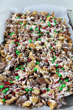 a platter filled with christmas cheerios and candy