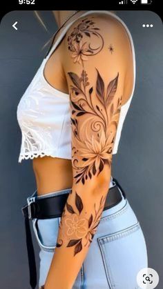 Wrap Arm Tattoos For Women, Upper Thigh Sleeve Tattoo Women, Arm Shoulder Tattoos For Women, Small Leg Tats, Lydia Tattoo, Henna Tattoo Designs Arm, Tattoo Generator, Feminine Tattoo Sleeves, Remembrance Tattoos