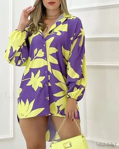 Lasaky - Floral Print Lantern Sleeve Shirt Dress Purple Collared Summer Dress, Yellow Long Sleeve Shirt Dress For Summer, Casual Yellow Long Sleeve Shirt Dress, Casual Long Sleeve Yellow Shirt Dress, Casual Purple Shirt Dress For Spring, Lantern Sleeve Shirt, Print Shirt Dress, Floral Print Design, Chic Type