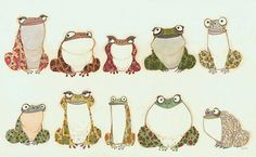 a group of frogs sitting next to each other on top of a white surface in different colors