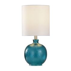 a blue table lamp with a white shade