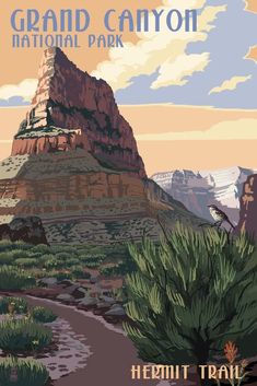 the grand canyon national park is shown in this vintage style poster, with mountains and trees