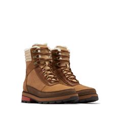 Velvet Tan Warp Red Sorel Lennox, Best Hiking Shoes, Cozy Boots, Harness Boots, Sorel Womens, Perforated Leather, Leather Collar, Wedge Boots, Cozy Fashion