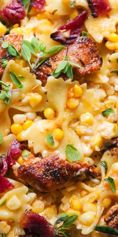 Creamy Chicken and Corn Pasta with Bacon - close-up photo. Pasta With Corn, Julia's Album, Fresh Corn On The Cob, Pasta With Bacon, Chicken And Corn, Corn Pasta, Creamy Chicken Pasta, Bacon Pasta, Chicken Dish