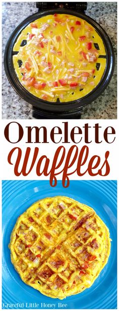 an omelette waffles recipe with bacon and cheese in it on a blue plate