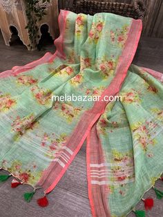 Cute and colorful 100 count pure linen floral dupatta with tassels and silver zari border! Size: 92 inches by 34 inches Color : Mint Linen Dupatta For Festivals, Festive Handloom Linen Dupatta, Festive Linen Saree-shaped Dupatta, Spring Green Saree With Floral Print, Spring Green Floral Print Saree, Spring Bohemian Saree, Spring Multicolor Dupatta With Printed Border, Summer Multicolor Handloom Dupatta, Multicolor Handloom Dupatta For Summer