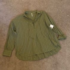 Free People Striped Shirt Top New With Tags! Size Xs It Is Oversized Fits Like A Large Casual Oversized Striped Blouse, Spring Striped Tops With Shirttail Hem, Green Tops With Shirttail Hem For Fall, Green Shirttail Hem Top For Fall, Casual Striped Blouse With Shirttail Hem, Oversized Green Tops With Shirttail Hem, Casual Green Shirt For Day Out, Casual Striped Blouse Relaxed Fit, Casual Striped Cotton Blouse