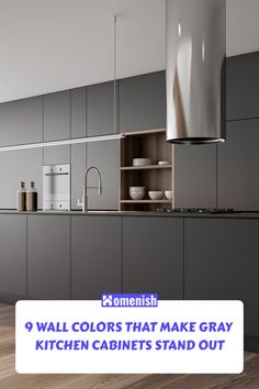 a kitchen with gray cabinets and white walls