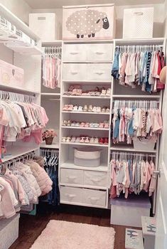 the closet is full of baby clothes and shoes