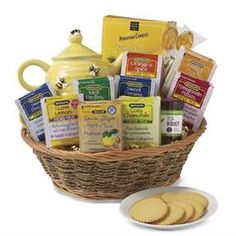 a basket filled with cookies and tea