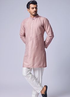 Peach Pink Pearl Embellished Kurta Set Chatenya Mittal - Fabilicious Fashion Pink Kurta, Pearl Work, Kurta Pyjama, Vacuum Storage, Indian Wedding Wear, Cotton Pyjamas, Thread Work, Kurta Set, Pink Pearl