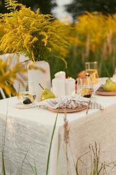 the table is set with plates, glasses and fruit on it for an outdoor meal