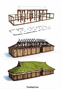 three different types of buildings with grass roofs