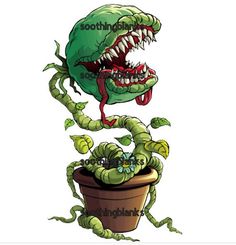 an image of a cartoon character with a plant in its mouth and teeth on it's face