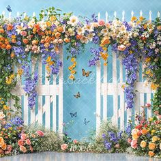 a painting of flowers and butterflies in front of a white picketed fence with blue background