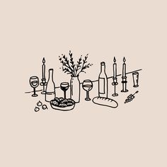 a black and white drawing of food, wine glasses and candles