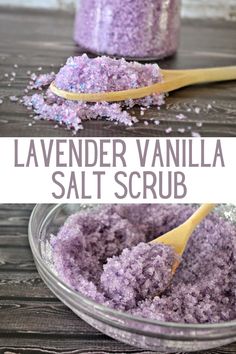 lavender vanilla salt scrub in a glass bowl