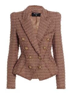 Double-breasted tweed blazer with gold logo button closure, long sleeves and padded shoulders. Composition: 50% polyamide 30% cotton 19% acrylic 1% metal | Balmain Women's Double-breasted Tweed Blazer | SS23 Luxury Tweed Blazer With Buttons, Luxury Suit Collar Blazer For Winter, Luxury Tailored Tweed Jacket For Formal Occasions, Luxury Tailored Single Breasted Tweed Jacket, Luxury Tweed Blazer For Office Wear, Luxury Business Casual Blazer With Suit Collar, Luxury Single Breasted Tweed Outerwear, Luxury Single Breasted Tweed Jacket, Luxury Double Breasted Business Suit For Winter