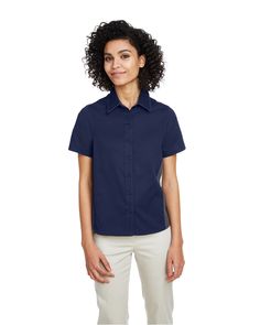 Ladies' Flash IL Colorblock Short Sleeve Shirt - DK NAVY/ DK CHRC - XL | Harriton Women's Flash IL Colorblock Short Sleeve Shirt in Dark Navy Blue/Dark Chrc Size XL | Cotton/Polyester Blend Blue Work Shirt, Industrial Laundry, Uniform Shirts, Contrast Collar, Neutral Fashion, Dress Shirts For Women, Dark Navy Blue, Pearl Buttons, Work Shirts