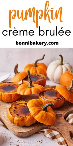 pumpkin creme brulee on a cutting board with the title in french above it