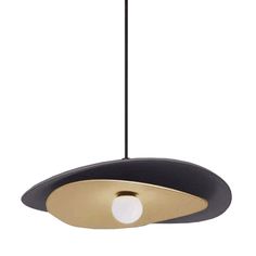 a black and gold pendant light hanging from a ceiling