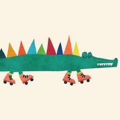 an illustration of a crocodile on roller skates with colored cones in the back ground