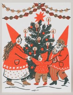 an old fashioned christmas card with two gnomes and a tree in front of it