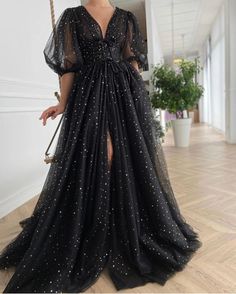 Starry Night Gown | Teuta Matoshi Prom Dresses Sparkly, 파티 드레스, Long Prom Gowns, فستان سهرة, A Line Prom Dresses, Glamorous Wedding, Prom Dresses With Sleeves, Tulle Prom Dress, Evening Gowns Formal