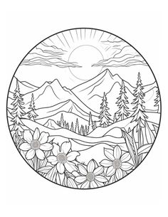 a coloring page with flowers and mountains in the background